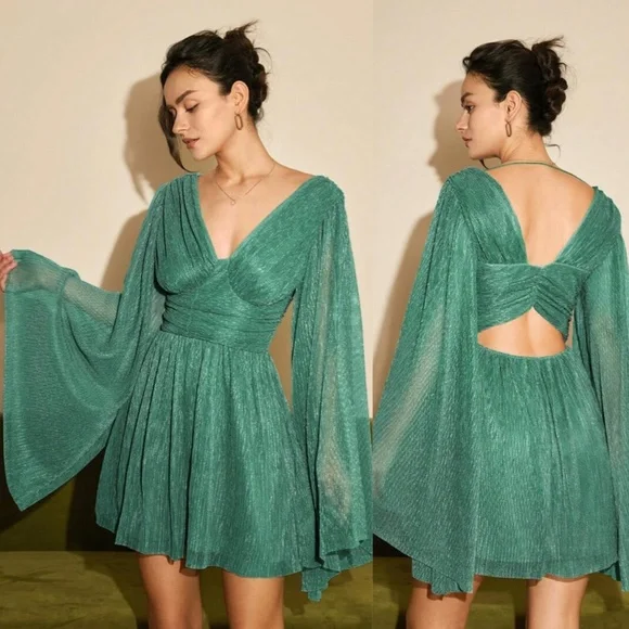 Green Mini Dress Flared Bell Long Sleeve, Fitted Waist V-Neck Cut Out Back Short - Picture 1 of 12